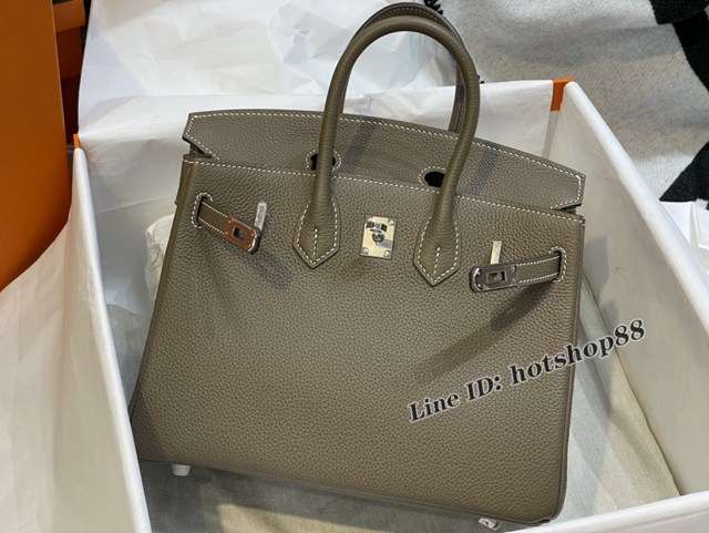 Hermes專櫃經典款鉑金手提女包 愛馬仕birkin25大象灰togo皮金扣手縫蠟線女包 zhh1181